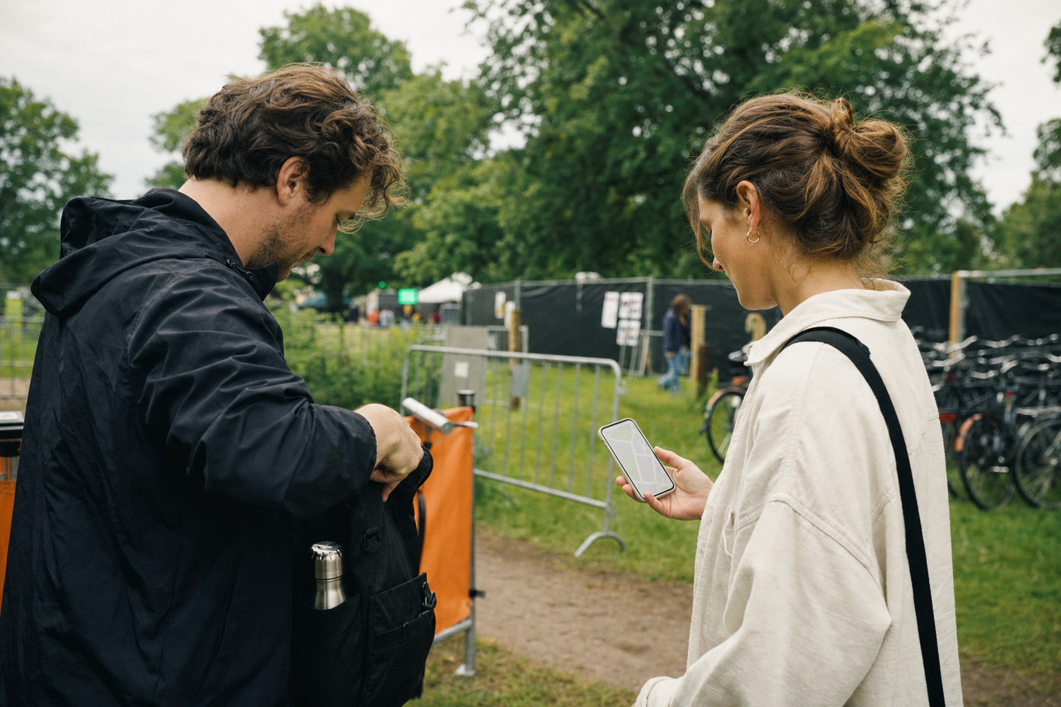 Twee bezoekers controleren hun tas en telefoon bij de ingang van een groen buitenevenement