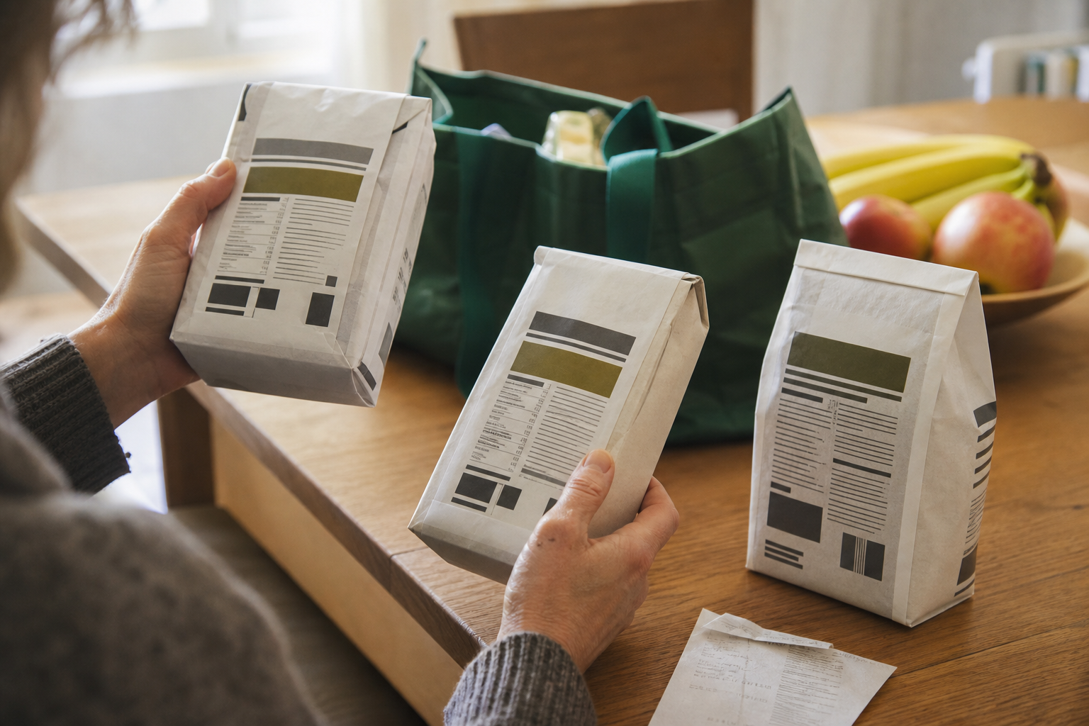 Een consument vergelijkt drie neutrale papieren voedselverpakkingen aan de eettafel