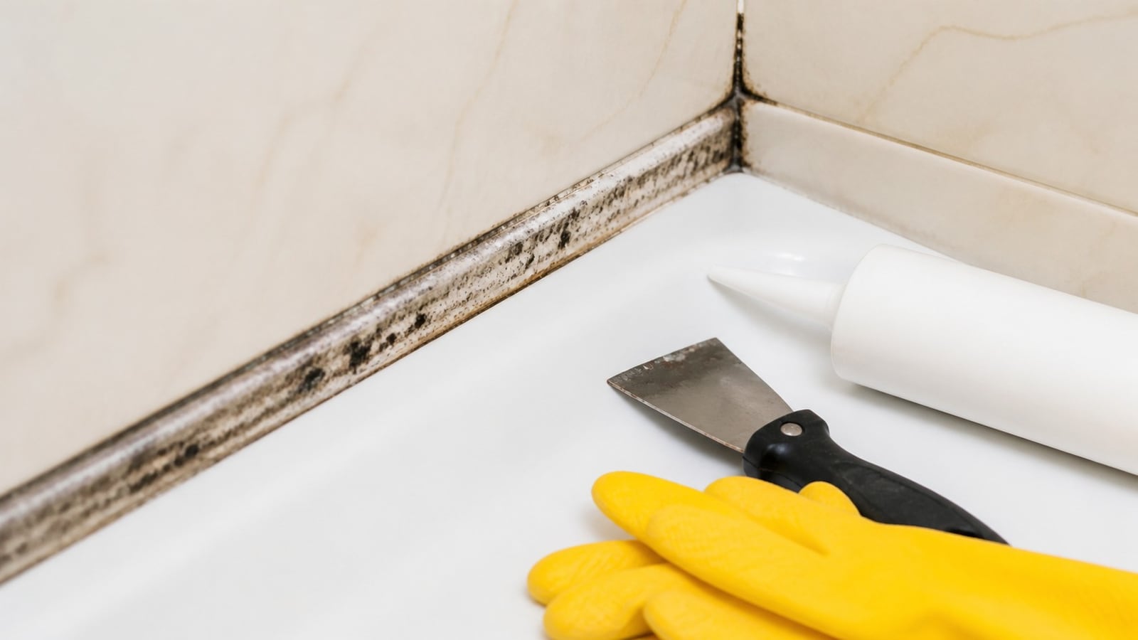 Schimmelende kitrand in een badkamer met schoonmaakgereedschap
