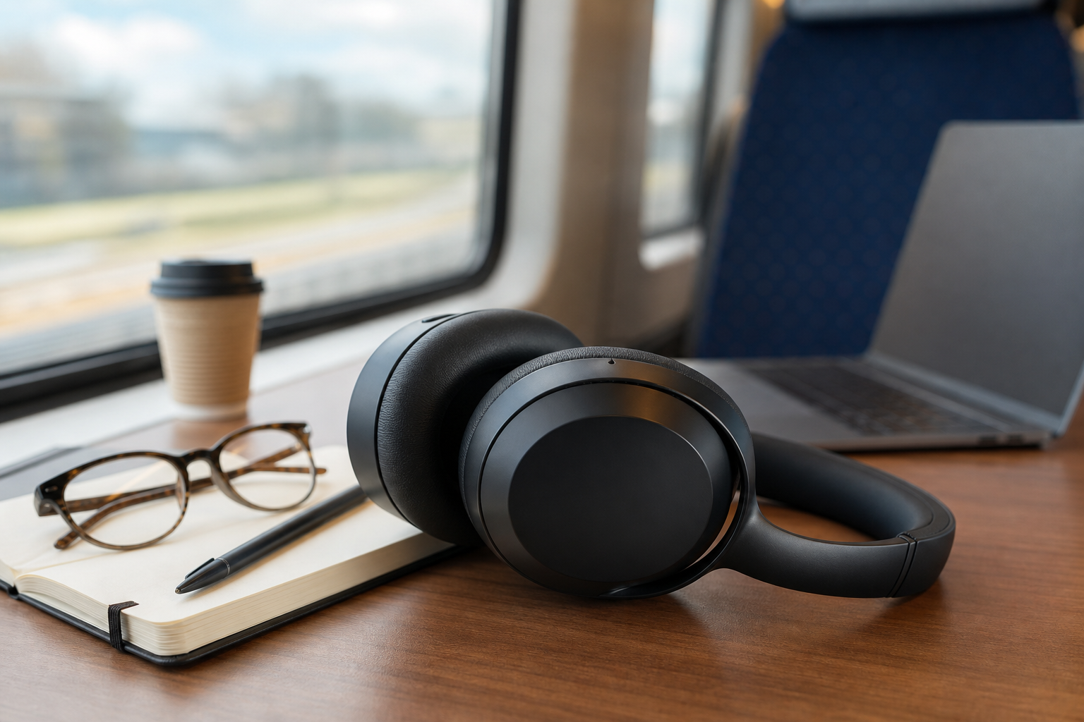 Een over-ear noise-cancelling koptelefoon ligt naast een notitieboek en bril op een bureau