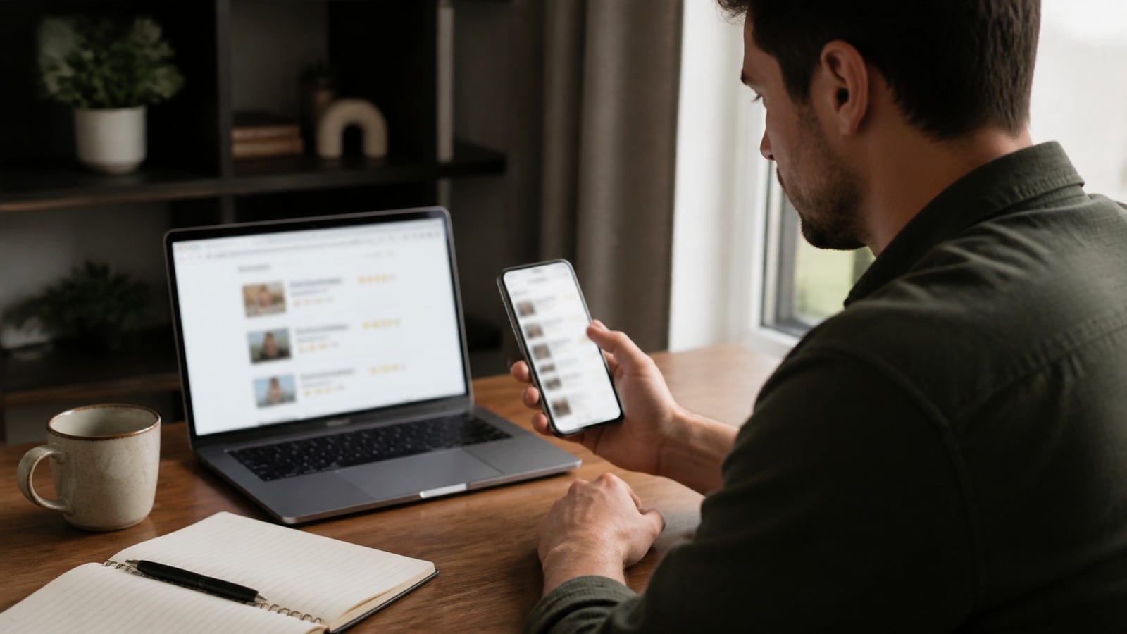 Laptop en smartphone voor het vergelijken van online reviews