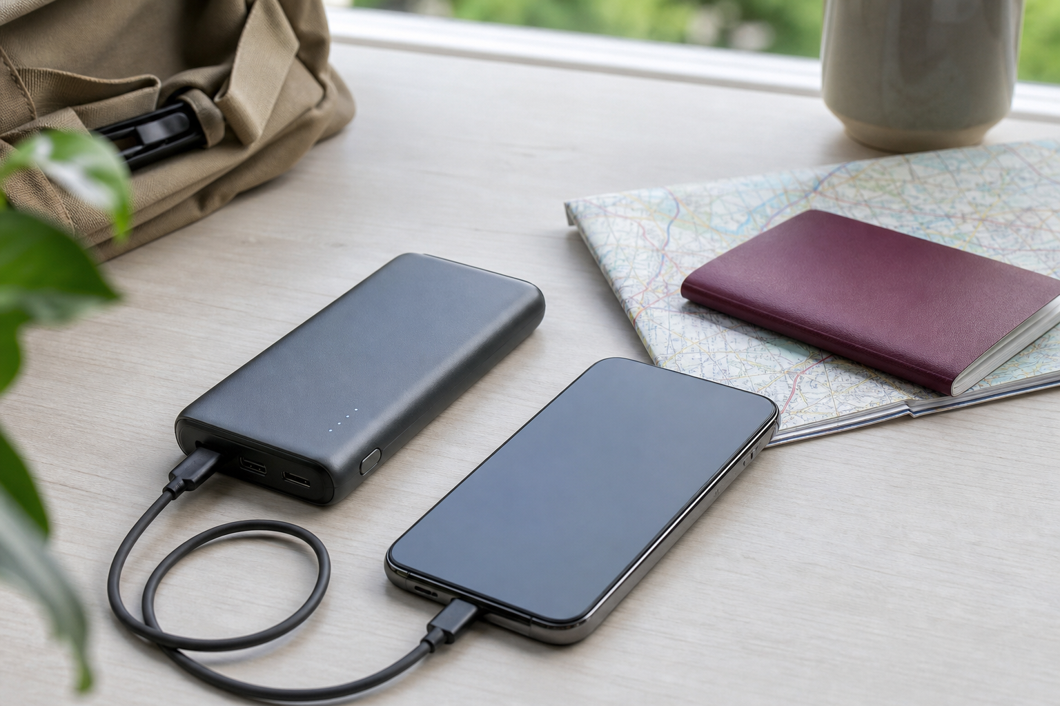 Een powerbank met USB-C-kabel ligt naast een smartphone op een lichte reistas