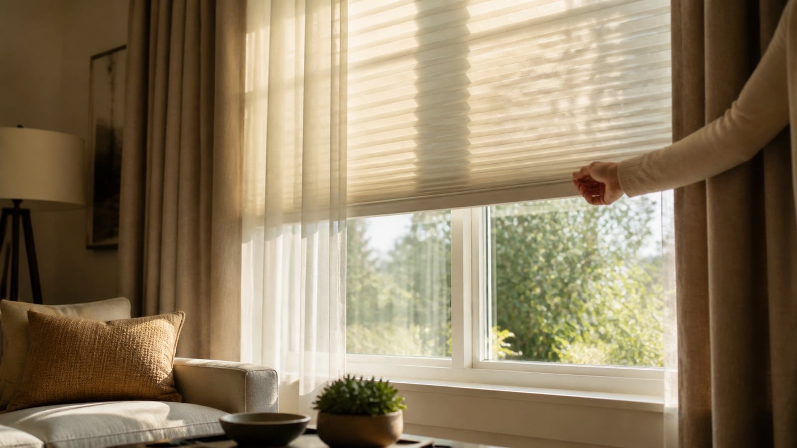 Raambekleding die daglicht filtert en privacy biedt in een woonkamer