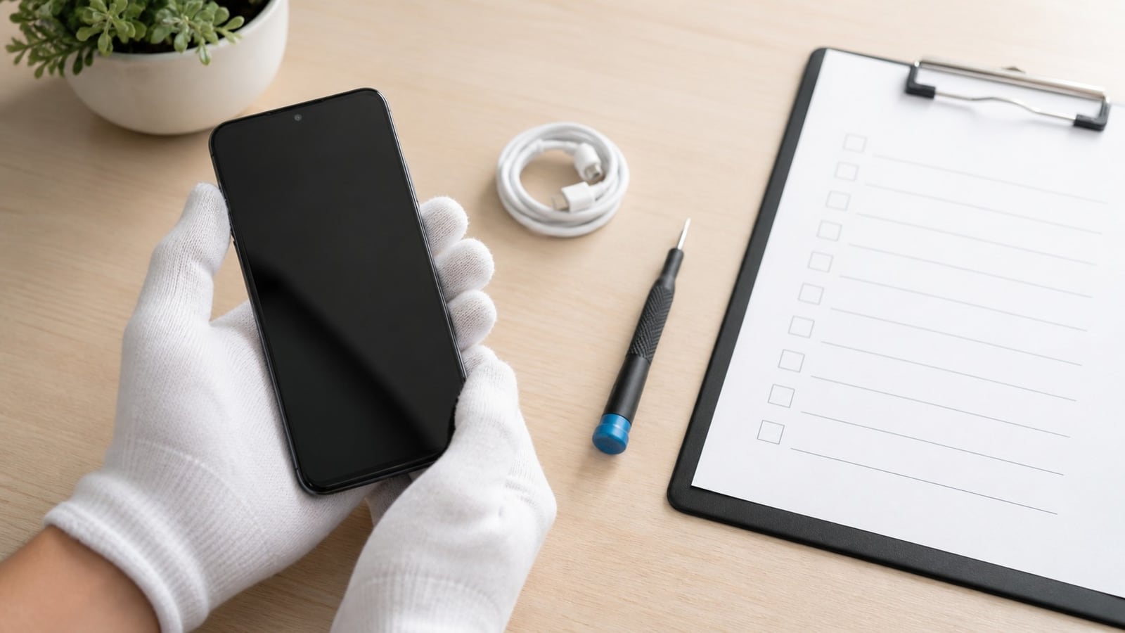 Refurbished smartphone met accessoires en gereedschap voor inspectie